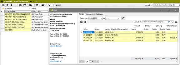 Screenshot der ABK-Software, der die CRM-Funktion für eine verbesserte Übersicht sämtlicher Belege zeigt