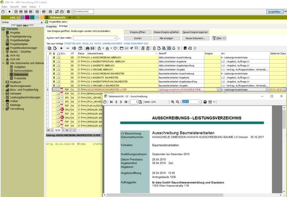 Screenshot der ABK-Software, der das Dokumentenmanagement in ABK zeigt