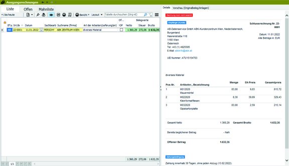 Screenshot der ABK-Software, der die Belegvorschau im ABK-Rechnungswesen zeigt