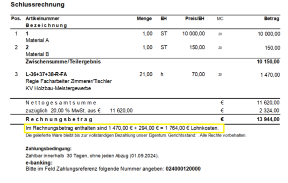 Screenshot der ABK-Software, der eine Schlussrechnung zeigt, wo der Lohnanteil separat angeführt wird