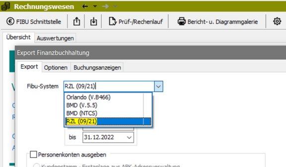 Screenshot der ABK-Software, der den FIBU-Export für RZL zeigt