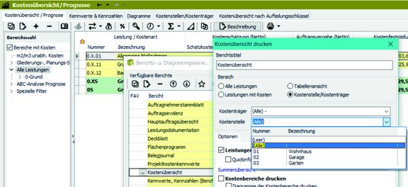 Screenshot der ABK-Software, der die Kostenübersicht nach Kostenstellen und Kostenträgern zeigt