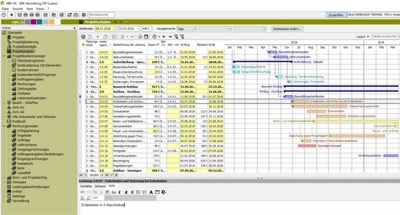 Screenshot der ABK-Software, der den Projektzeitplan in ABK zeigt