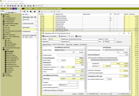 Screenshot der ABK-Software, der die Artikelverwaltung in ABK zeigt