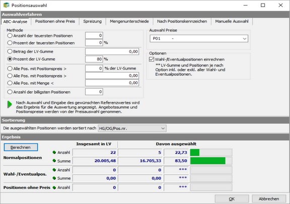 Screenshot der ABK-Software, der die ABC-Analyse bei der Angebotslegung in ABK zeigt