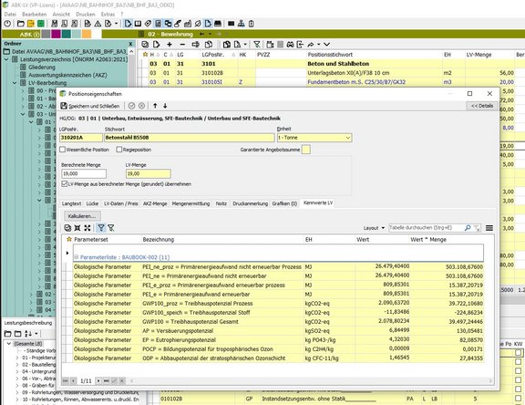 Screenshot der ABK-Software, der die positionsweise Auswertung der ÖKO-Parameter zeigt