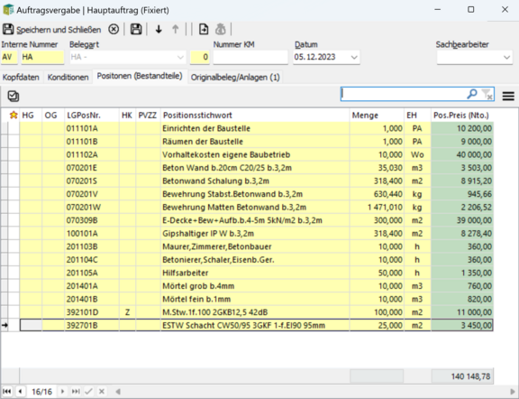 Screenshot der ABK-Software, der die Positionen direkt im Auftragsbeleg zeigt