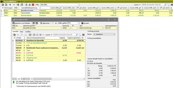Screenshot der ABK-Software, der die Gegenüberstellung geforderter und anerkannter Preisanteile von Ausmaßblättern zeigt