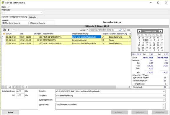 Screenshot der ABK-Software, der die Zeiterfassung in ABK zeigt