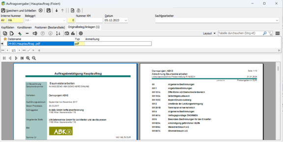 Screenshot der ABK-Software, der die Originalbelege und Anlagen in der ABK-Bauabrechnung zeigt