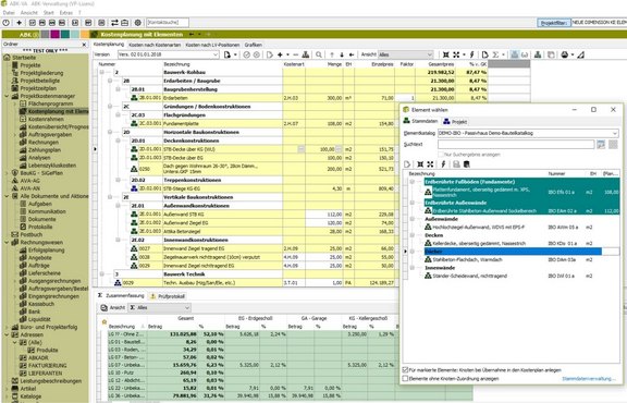 Screenshot der ABK-Software, der die Kostenplanung mit Elementen in ABK zeigt