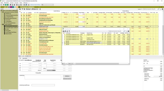 Screenshot der ABK-Software, der die Kostenermittlung mit Positionen in ABK zeigt