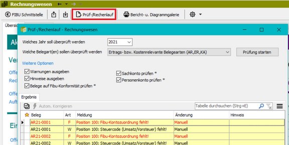 Screenshot der ABK-Software, der den verbesserten Prüf-/Rechenlauf im ABK-Rechnungswesen zeigt