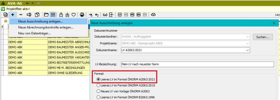 Screenshot der ABK-Software, der die Implementierung der ÖNORM A2063:2021-1 in der Software zeigt