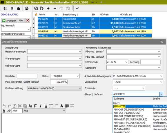 Screenshot der ABK-Software, der die Zuweisung eines (Haupt-) Lieferanten zu mehreren Artikeln zeigt