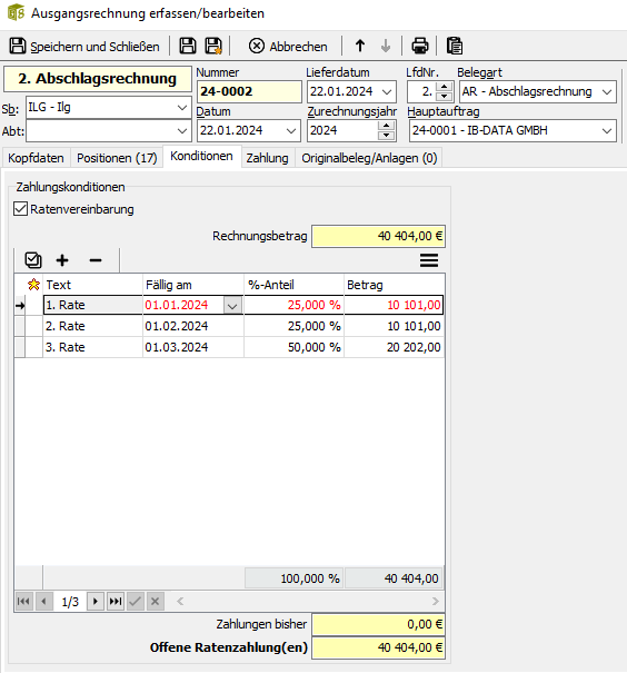 Screenshot der ABK-Software, der die Ratenvereinbarung im ABK-Rechnungswesen zeigt